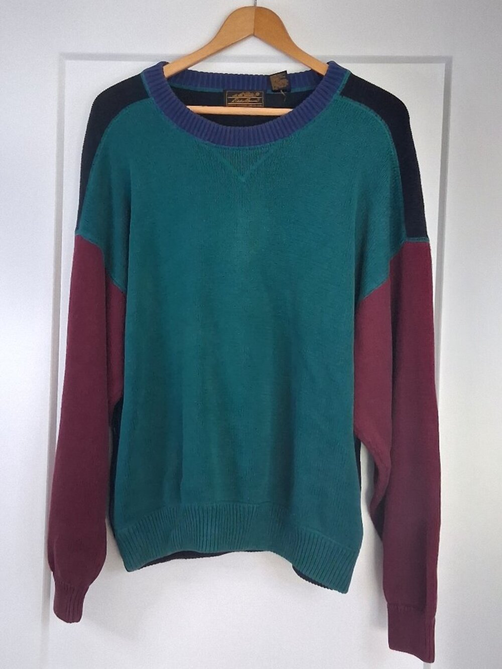 Vintage 90s Eddie Bauer Colorblock Sweater Men XL Teal Burgundy Black Tag